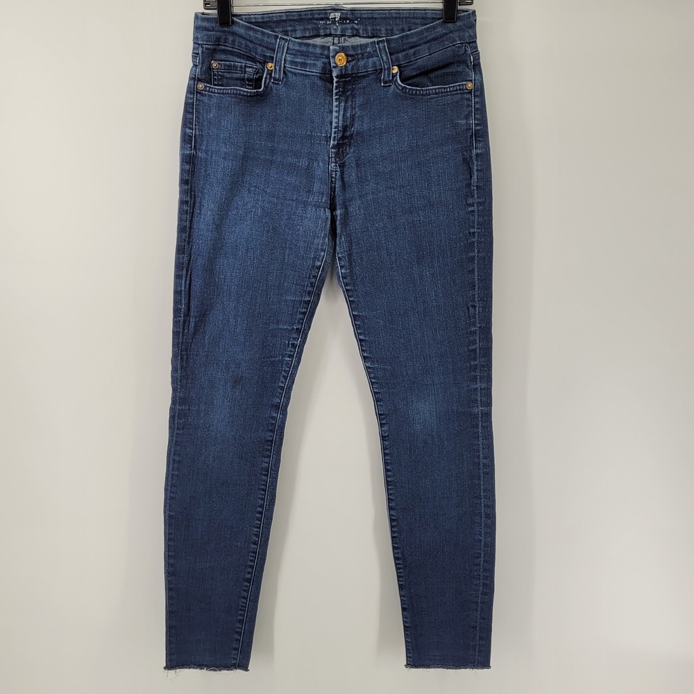 7 For All Mankind Skinny Jeans Womens 29 Blue Dark Wash Raw Hem Denim